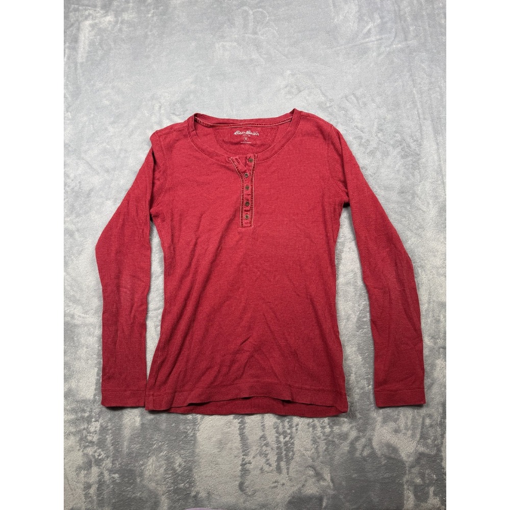 Eddie Bauer Henley Shirt Womens Medium Red Waffle Knit Stretch Long Sleeve